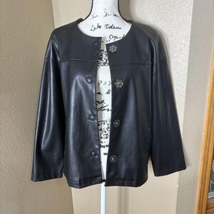 Chico's Jacket Womens Medium Black Faux Leather Button Front Collarless Lined